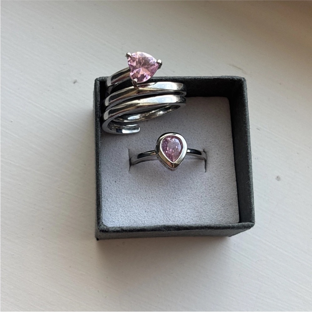 2 Piece White Gold Plated Pink Heart CZ Ring Set | Romantic Boho | Adjustable - Picture 12 of 14